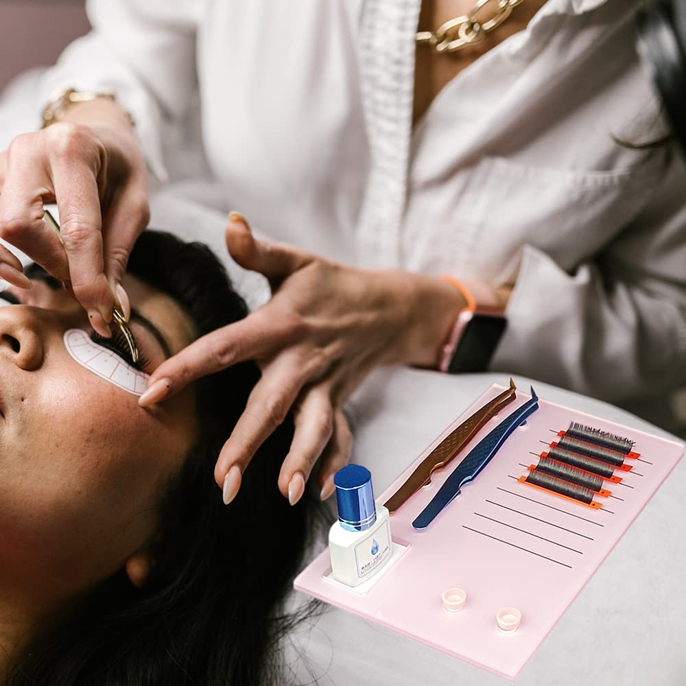 Grafting False Eyelash Acrylic Extension Pallet, Eyelash Extension Glue Tweezers Plate Pad Makeup Palette Individual Training Tools (Pink (7.87x5.12in))-FemmiqueWomen