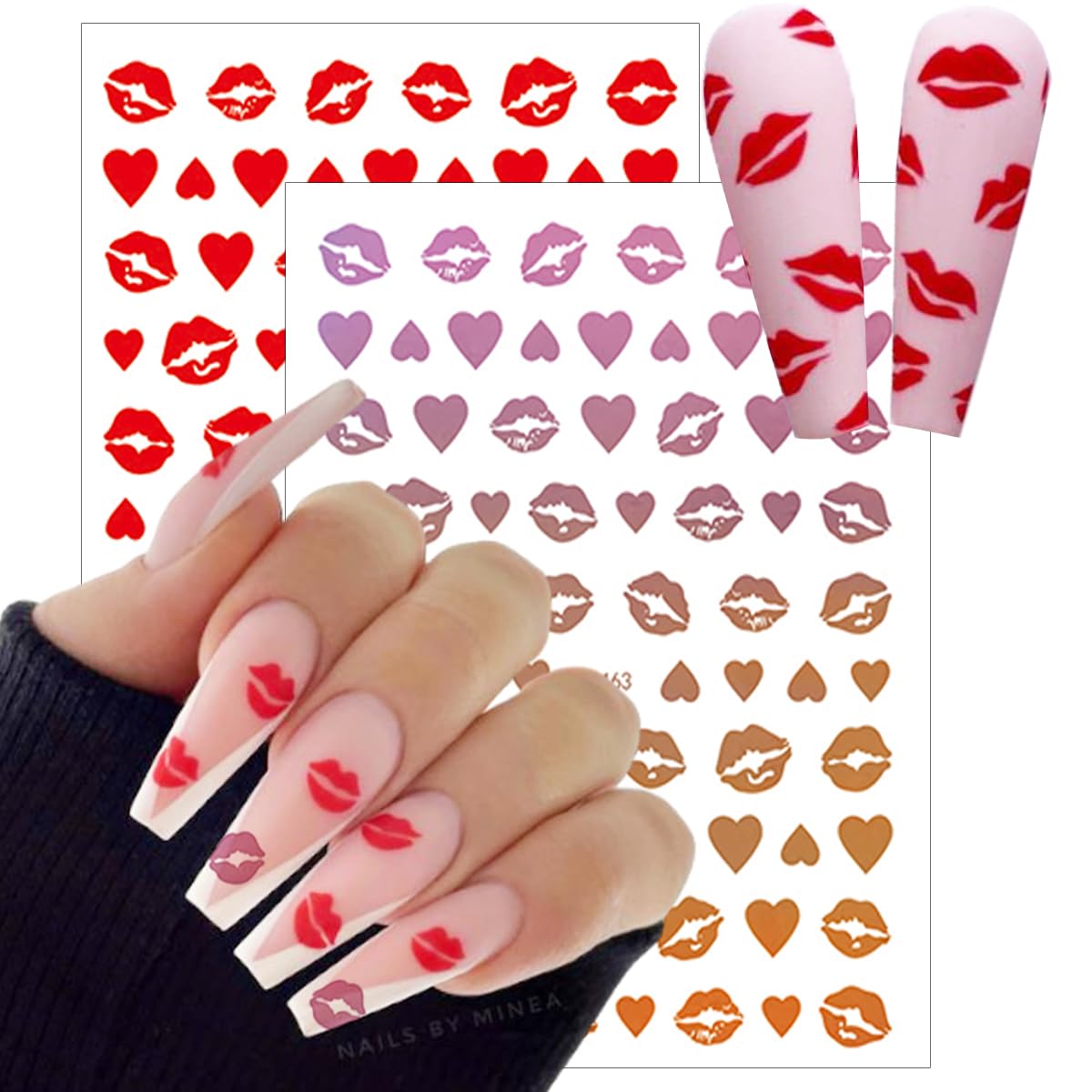 10 Sheets Valentine's Day Nail Art Stickers Sexy Lips Nail Decals 3D Holographic Heart Nail Stickers Self-Adhesive Design Black White Gold Silver Laser Valentines Stickers for Women Nail Decoration-FemmiqueWomen