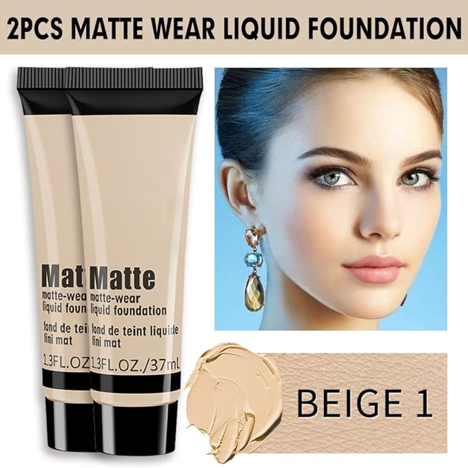 2 Pack Liquid Foundation Cream for Face Makeup,Durable Full Coverage Matte Concealer Make Up,Oil Control & Waterproof Base Primer -1+1 Fl.Oz-BEIGE 1#-FemmiqueWomen
