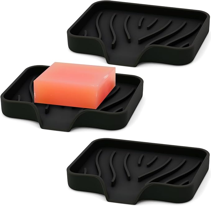 3-Pack Silicone Soap Dish, Bar Soap Holder, Soap Dishes for Bar Soap, Easy to Clean, Self Draining Soap Tray for Shower, Bathroom, Kitchen, Bathtub, Keep Soap Dry, Save Soap (Black)-FemmiqueWomen