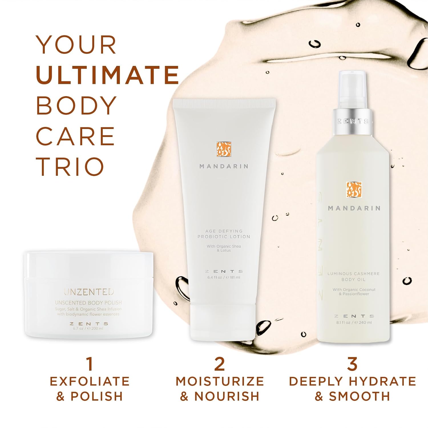 Zents Luminous Cashmere Body Oil (Mandarin Fragrance) | Moisturizing Body Oil with Vitamin E & Organic Coconut Oil | Softens & Smooths Skin | 8 fl oz-FemmiqueWomen