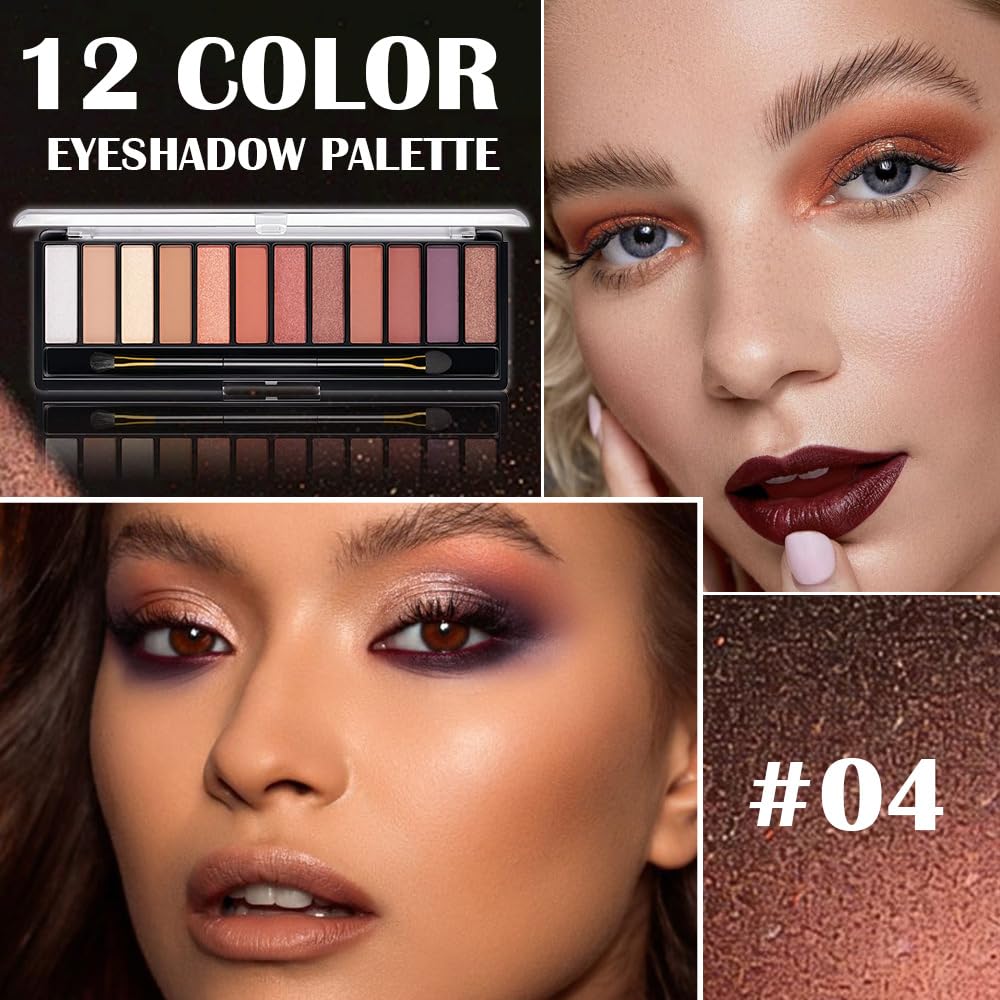 12 Colors Warm Eyeshadow Palette – Matte, Shimmer & Glitter Copper Coral Tones – Rose Gold, Champagne, Bronze & Terracotta Shades – High Pigment, Long-Lasting Eye Makeup for Women – 04#-FemmiqueWomen