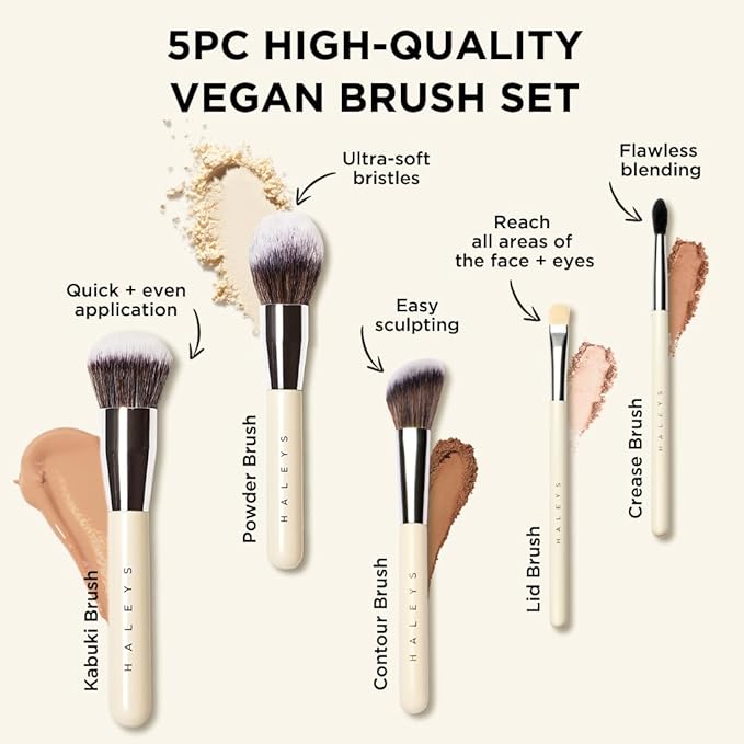 HALEYS Makeup Brush Set 5 pcs: Soft, Streak-free, Perfect Blending, Buff, Blurs and Smooth, Premium Luxury Vegan Bristles, For Liquid, Cream or Powder, Vegan, Cruelty-free, Sustainable Wood-FemmiqueWomen