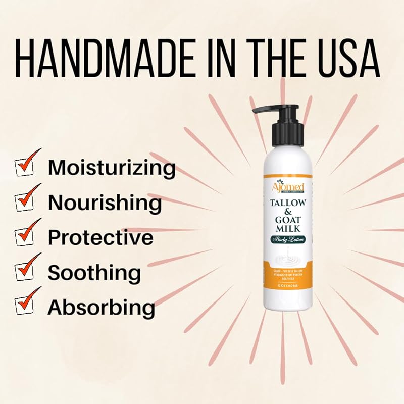 Grass Fed Beef Tallow & Goat Milk Body Lotion for Sensitive Skin, Organic Tallow Lotion - Soothes Dry Patches, Goat Milk Moisturizer - Handmade Tallow Body Lotion (Oatmeal & Honey, 8 Oz)-FemmiqueWomen