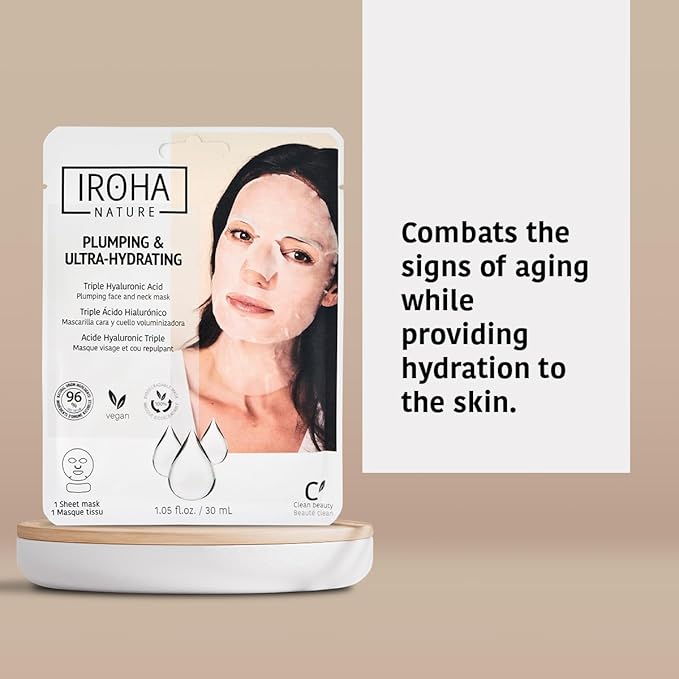 IROHA NATURE Replumping & Anti-Aging Tissue Face Mask (Pack of 15) | With Triple Hyaluronic Acid | Deep Hydration & Anti-Aging Effect | Softer, Calmer Skin | 100% Vegan-FemmiqueWomen