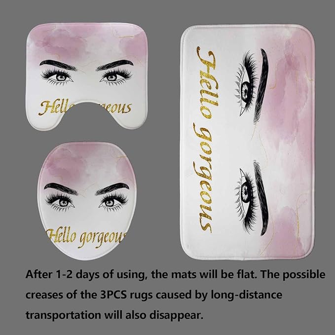 4PCS Hello Gorgeous Eyelash Shower Curtain Set, Gold Glitter Quotes Black Eyebrow Makeup Pink Marble Glam Modern Fashion Girly Women Bathroom Decor, Non-slip Bath Mat Toilet Rug, Charming Eyes-FemmiqueWomen