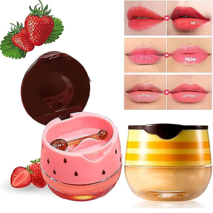 2PCS Honey Balm & Strawberry Lip Balm, Honey Lip Balm, Lip Masks for Dry and Cracked Lips with Brush, Lip Exfoliator & Moisturizer, Reduces Lips Lines & Lightens Lips, Anti-Wrinkle, Aging-FemmiqueWomen