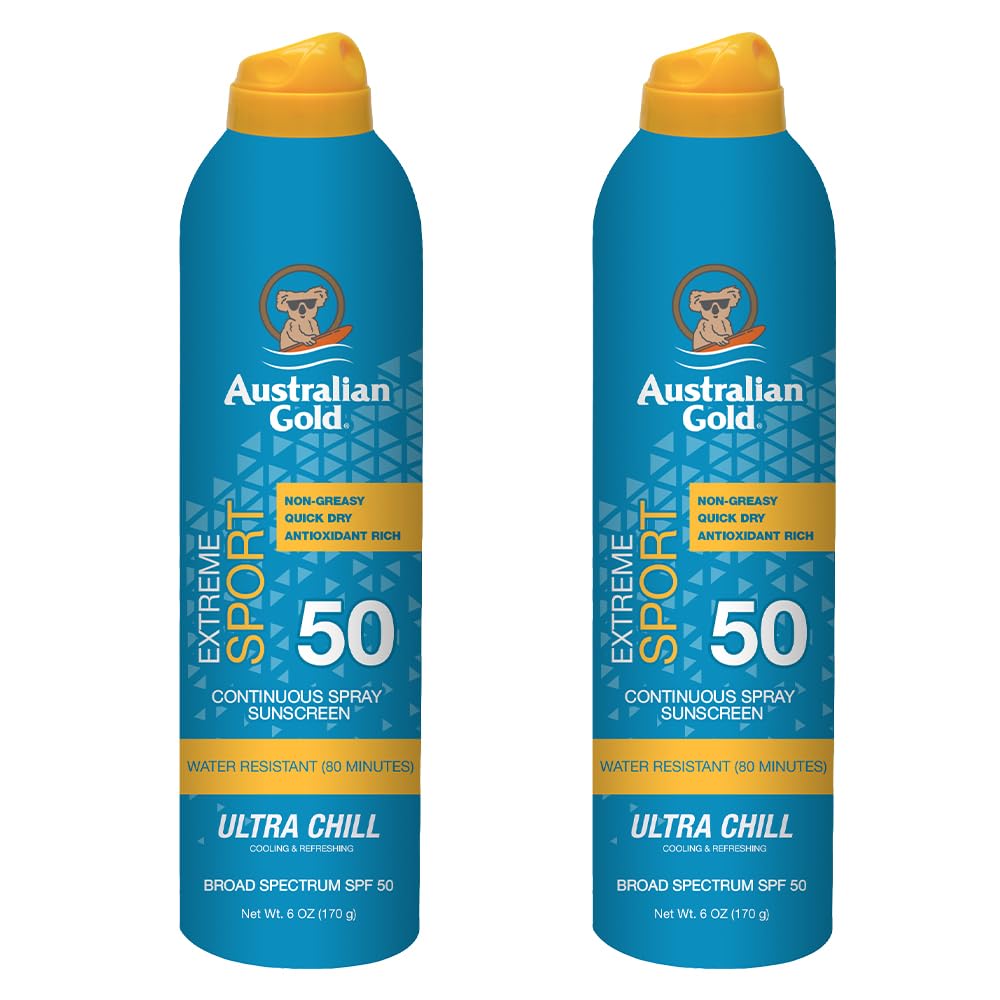Australian Gold Extreme Sport Continuous Spray Sunscreen SPF 50, 6 Ounce - 2 Pack, Broad Spectrum, Sweat & Water Resistant, Non-Greasy, Vegan, PETA-Approved, Coastal Breeze Scent-FemmiqueWomen