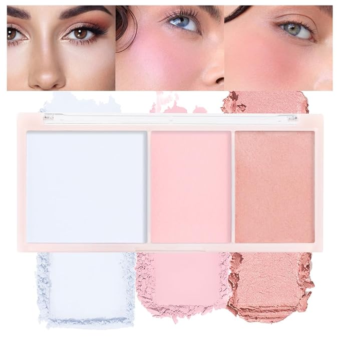 3 IN 1 Brown Nude Face Highlight Bronzer Powder Palette for Face Cheeks Contour Brightening, Buildable Matte Coverage Natural Makeup,Ultra Sculpt Nose Shadow Eyeshadow Primer-Nude-FemmiqueWomen