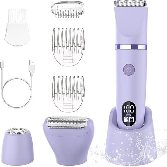 3-in-1 Electric Razor IPX7 Waterproof Bikini Trimmer Wet & Dry Use Painless Personal Trimmer Groomer for Ladies Face Body Legs Bikini Public Hairs Electric Lady Shaver with Replaceable Heads-FemmiqueWomen