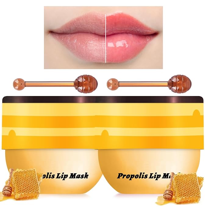 2 Pcs Bee Lip Balm Honey Pot, Lip Mask Overnight Honey Lip Balm Lip Exfoliate with Stick, Moisturizing Sleeping Lip Mask Day & Night Lip Care - Hydrate Repair Prevent Dry Cracked Scrub (2 Honey)-FemmiqueWomen
