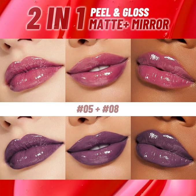 2Pcs Lip Stain Peel Off Lip Gloss oil Dual-Ended Combo, Lips Liner Stain Peel Off Masque, Long Lasting & Waterproof, Transfer-Proof Lip Tint Stain with Lip oil for All Skin Type 05#+08#-FemmiqueWomen
