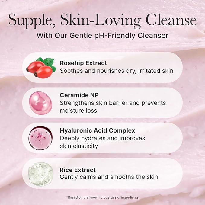 Rosehip Rice Cake Cleanser, pH Balancing Face Wash with Ceramide for Sensitive Skin, 5.29 oz-FemmiqueWomen