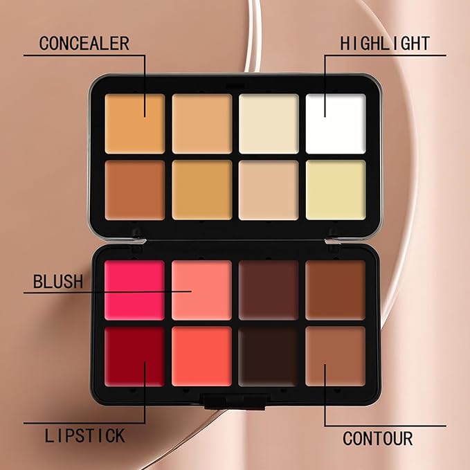 16 Color Cream Makeup Palette, Blush Concealer Highlighter Contour Palette, Multi-functional Makeup Palette with 8 Brushes, Face Make Up Gift for Women Girls-FemmiqueWomen