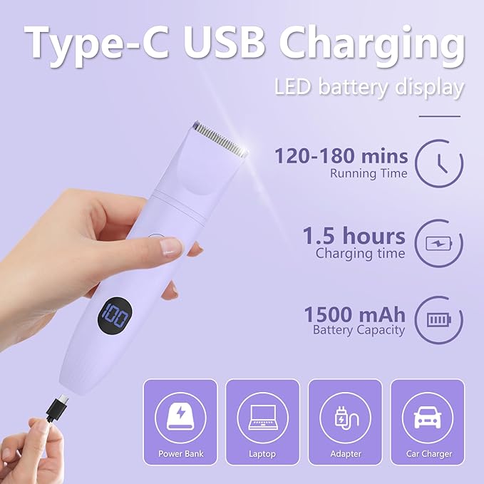 3-in-1 Bikini Trimmer for Women, IPX7 Waterproof Electric Shaver for Women-Rechargeable Electric Razors for Pubic, Facial & Body Hair Trimmer with LED Display, Travel Kit & Painless Blades (Purple)-FemmiqueWomen