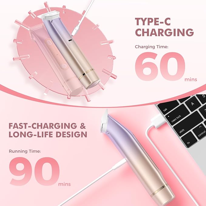 2 in 1 Bikini Trimmer for Women, Dual Head Electric Razor, IPX7 Waterproof Wet/Dry Use Women Electric Shaver, Painless Body Facial Hair Remover for Bikini Legs Arm Underarm, (Lavender)-FemmiqueWomen
