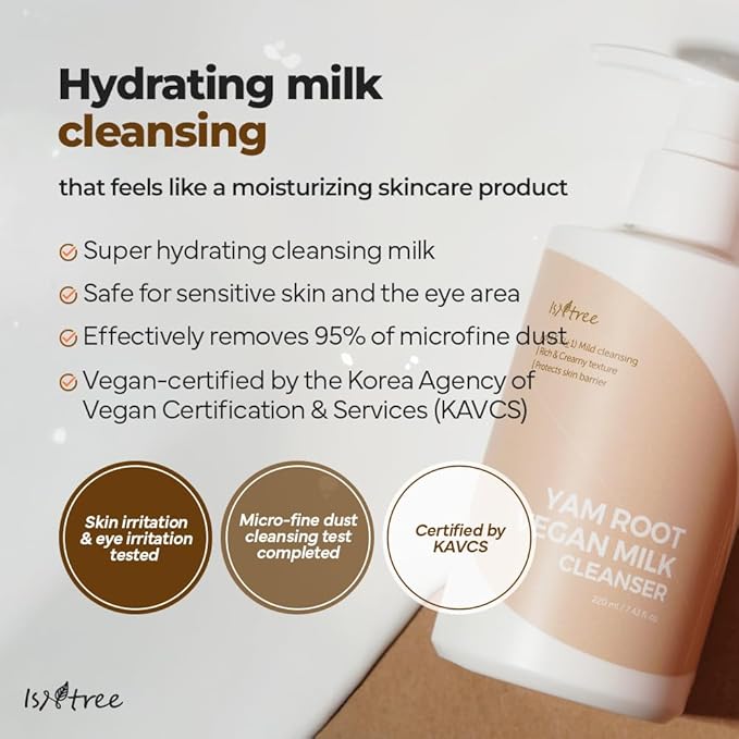 IsNtree Yam Root Vegan Milk Cleanser 220ml, 7.43 fl.oz | Korean Facial Cleanser for Sensitive Skin | Rich & Creamy Texture | Hydrating & Mild | Vegan & Cruelty-Free Skincare-FemmiqueWomen