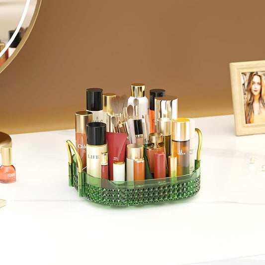 Awenia Rotating Makeup Organizer 360, Stackable Adjustable Large Capacity Cosmetic Storage Unit,Dresser Bathroom Kitchen Countertop Organizer with Metal Handle, Plus Size (Gem Green, 1 Tier)-FemmiqueWomen