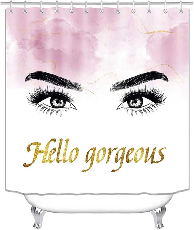 4PCS Hello Gorgeous Eyelash Shower Curtain Set, Gold Glitter Quotes Black Eyebrow Makeup Pink Marble Glam Modern Fashion Girly Women Bathroom Decor, Non-slip Bath Mat Toilet Rug, Charming Eyes-FemmiqueWomen
