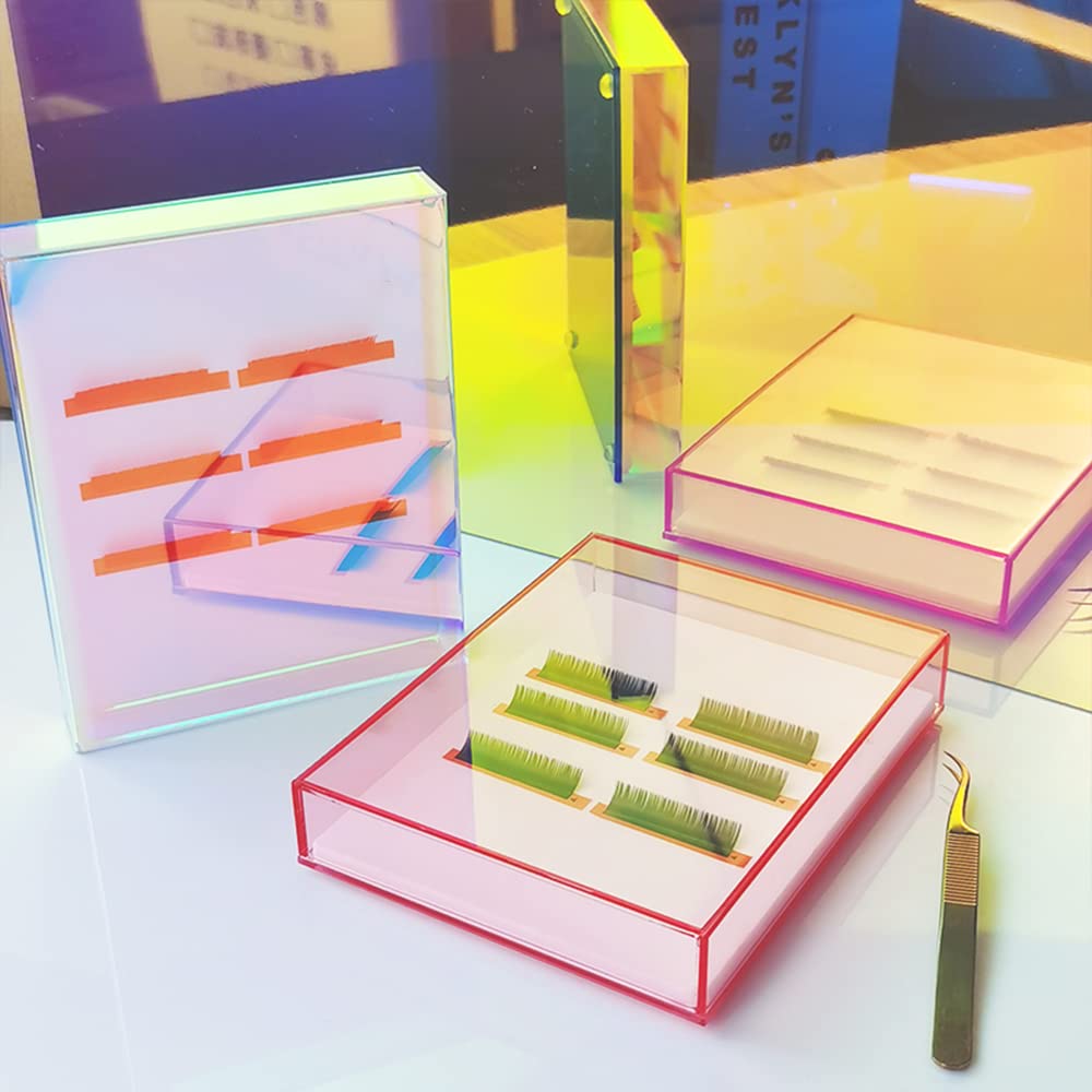 Grafting False Eyelash Acrylic Extension Pallet Organizer, Eyelash Extension Glue Tweezers Plate Makeup Palette, Dustproof Storage Box Display Training Tools Salon (Transparent Pink L)-FemmiqueWomen