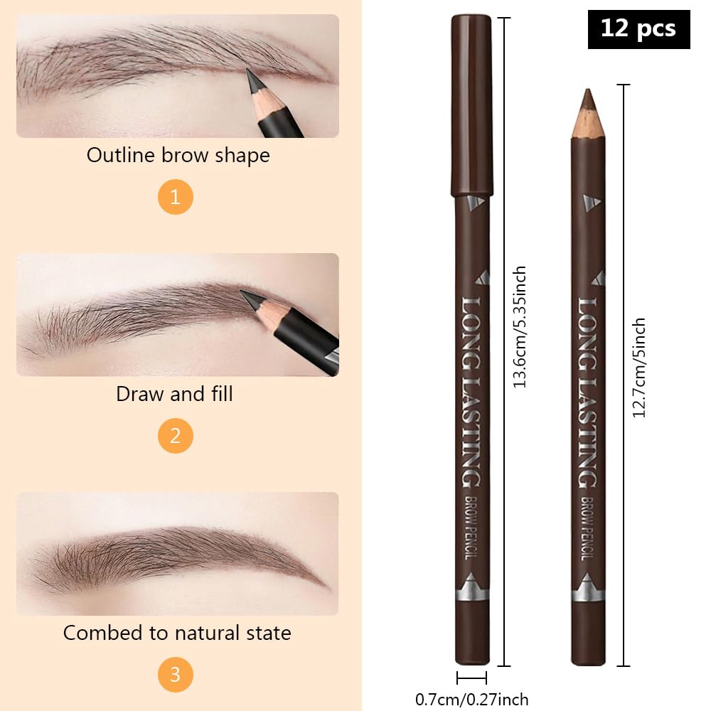 12Pcs Eyebrow Pencils for Women, Wooden Hard-Core Brown Eyebrow and Eyeliner Pencil, Long Lasting Waterproof and Sweat-Proof, Beginner Makeup Brow Pencil, Create a Natural Eye Brow Makeup-FemmiqueWomen