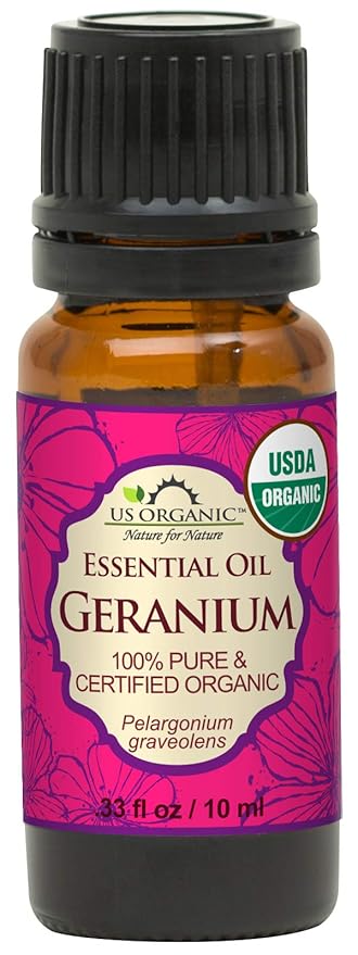 US Organic 100% Pure Geranium Essential Oil - USDA Certified Organic, Steam Distilled - W/Euro droppers (More Size Variations Available) (10 ml / .33 fl oz)-FemmiqueWomen