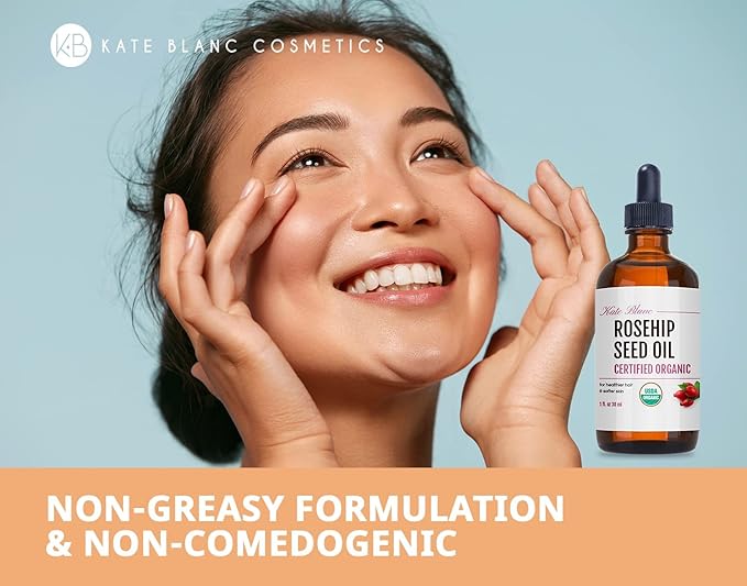 Kate Blanc Cosmetics Rosehip Oil for Face & Softer Glowing Skin (1oz, Organic, Pure, Cold Pressed) Rosehip Seed Face Oil for Facial & Gua Sha Massage-FemmiqueWomen
