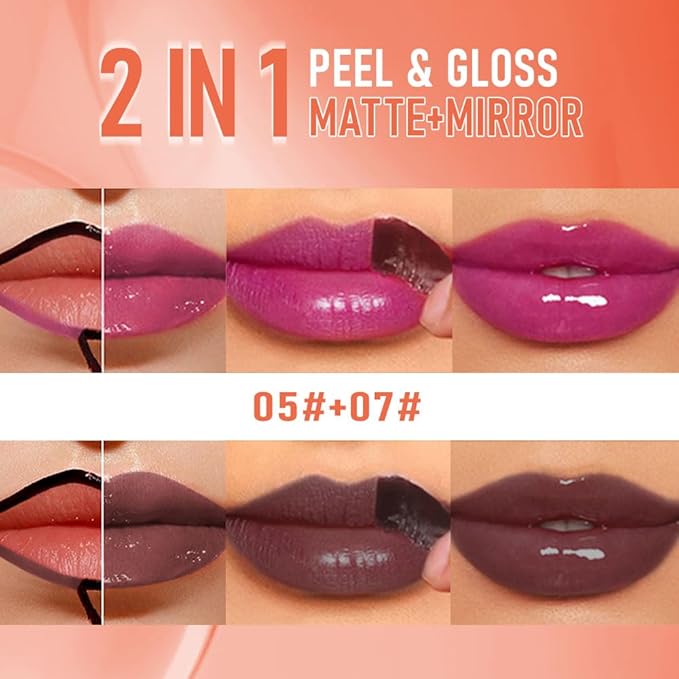 2Pcs Peel Off Lip Gloss Tattoo and Lip Oil 2-in-1, Lip Stain Peel Off Masque - Peel Off Lip Tint ,Long Lasting Waterproof Transfer-proof Lip Mask Lip Gloss Peel Off Lip Liner,Stay Lip Makeup #05+#07-FemmiqueWomen