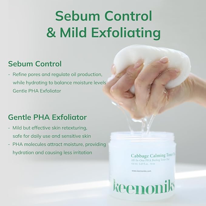 Cabbage Calming Toner Pads – PHA Exfoliating & Cooling Facial Wipes with 150,000ppm Cabbage Extract for Redness Relief & Pore CareㅣKorean Skincareㅣ70 Pads (5.07Oz)-FemmiqueWomen