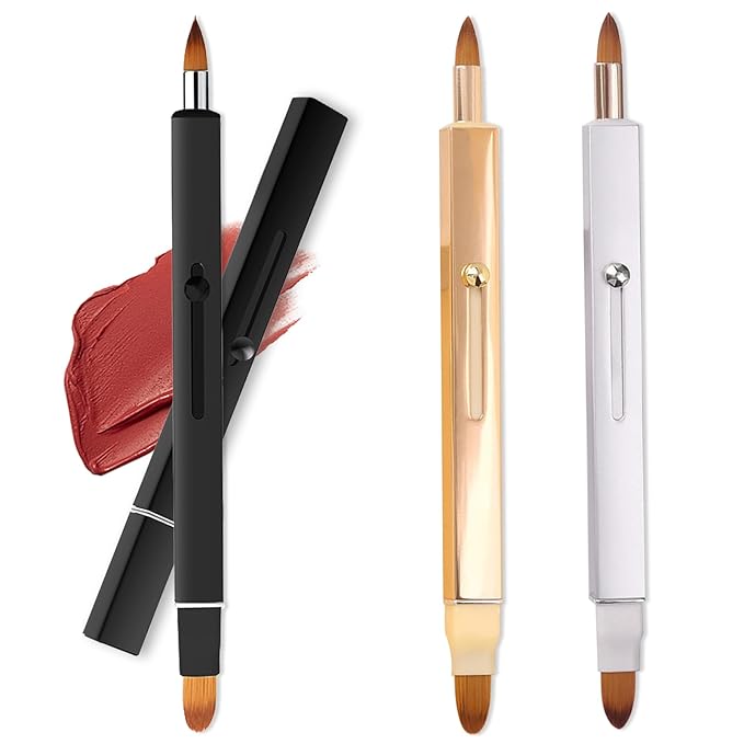 3 Pack Lip Brush for Lipstick Makeup Brushes Double-Ended Retractable Lip Brush with Cap Dustproof for Lipstick Gloss Creams Portable with Cap(Black + Gold + Silver)-FemmiqueWomen
