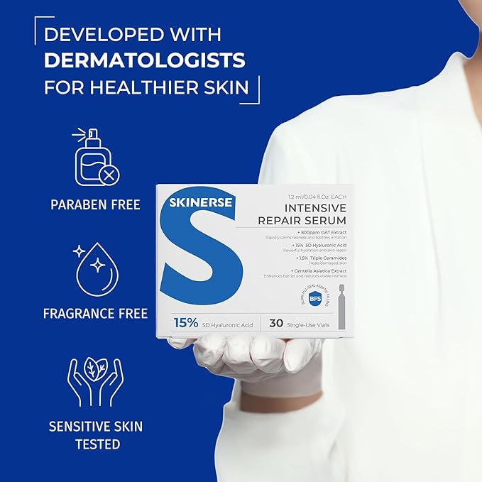 Intensive Repair Serum, 15%Hyaluronic Acid for Sensitive Skin Anti Aging Ultra Hydrating Serum for Face Calming Barrier Repair Redness Relief with Ceramides Centella 30Vials Daily Travel Care-FemmiqueWomen