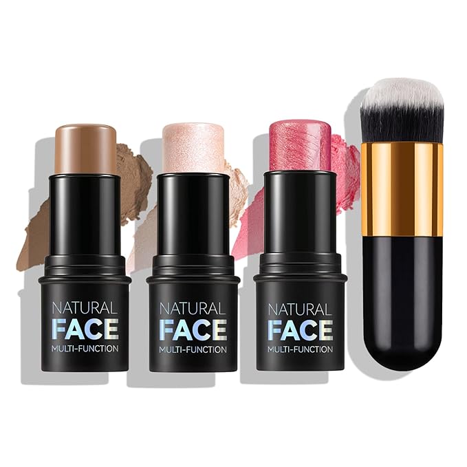 3pcs Face Contour Stick Makeup Set, Highlighter Stick Blush Stick Cream Contour Kit with Brush, Contouring Stick for Fair Skin, Concealer Makeup Stick Gift for Beginner Women Teen Girls-FemmiqueWomen