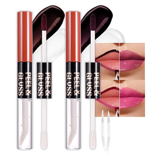 2Pcs Liquid Lip Stain Peel Off Lip liner and Lip oil with Tweezer, Dual-Ended Peel Off Lip Stain Tattoo, Highly Pigmented Long Lasting Waterproof, Transfer-proof for All Skin Types, 03#+05#-FemmiqueWomen