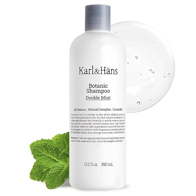Karl&Hans Botanic Double Mint Vegan Shampoo Organic for Men and Women, Sulfate-Free Hair Shampoo with Peppermint & Natural Flower Extracts, Scalp Repair for All Hair Types, 13.2 fl oz-FemmiqueWomen