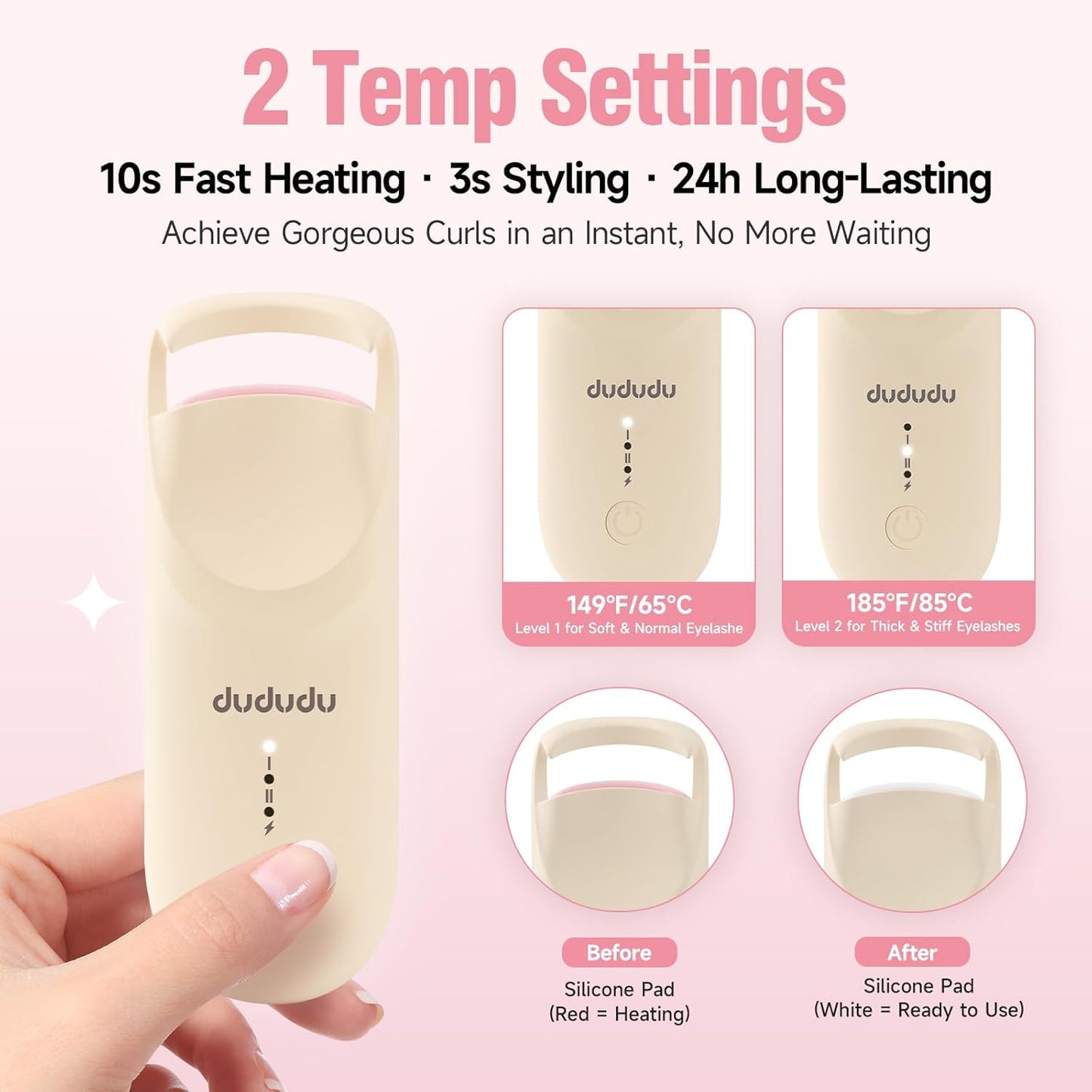 DUDUDU Heated Eyelash Curler, Portable Travel-Size Mini Electric Heated Lash Curler - 2-Level Adjustable Temp & Type-C Recharge, 10S Heat 3S Style 24H Lift for Long-Lasting Natural Effortless Curves-FemmiqueWomen