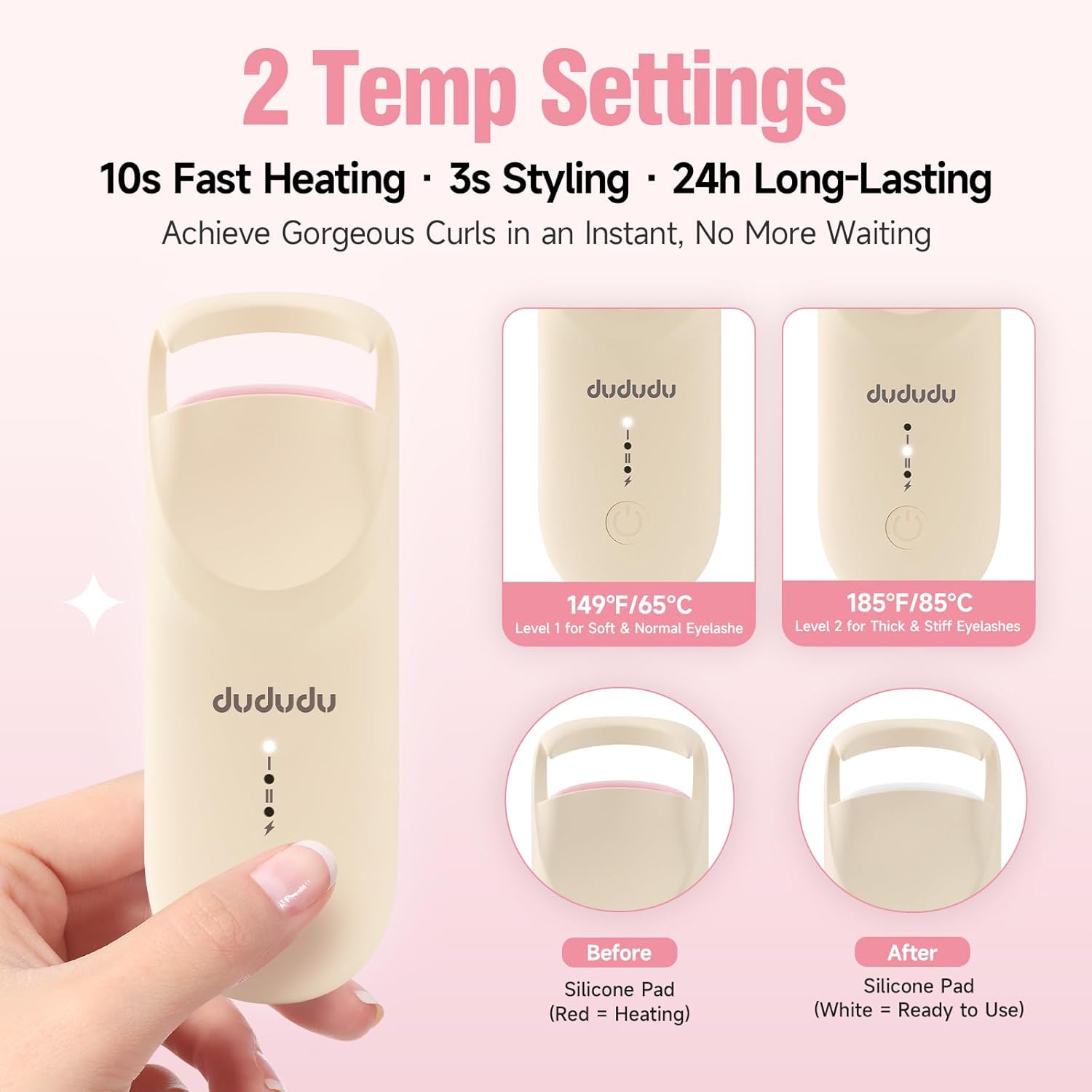 DUDUDU Heated Eyelash Curler, Portable Travel-Size Mini Electric Heated Lash Curler - 2-Level Adjustable Temp & Type-C Recharge, 10S Heat 3S Style 24H Lift for Long-Lasting Natural Effortless Curves-FemmiqueWomen