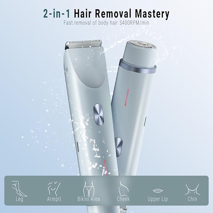 2-in-1 Bikini Trimmer and Shaver Kit for Women, Electric Body Hair Trimmer Facial Hair Removal Cordless Bikini Shaver Razor for Face Lip Chin Pubic Underarm Legs, Blue-FemmiqueWomen
