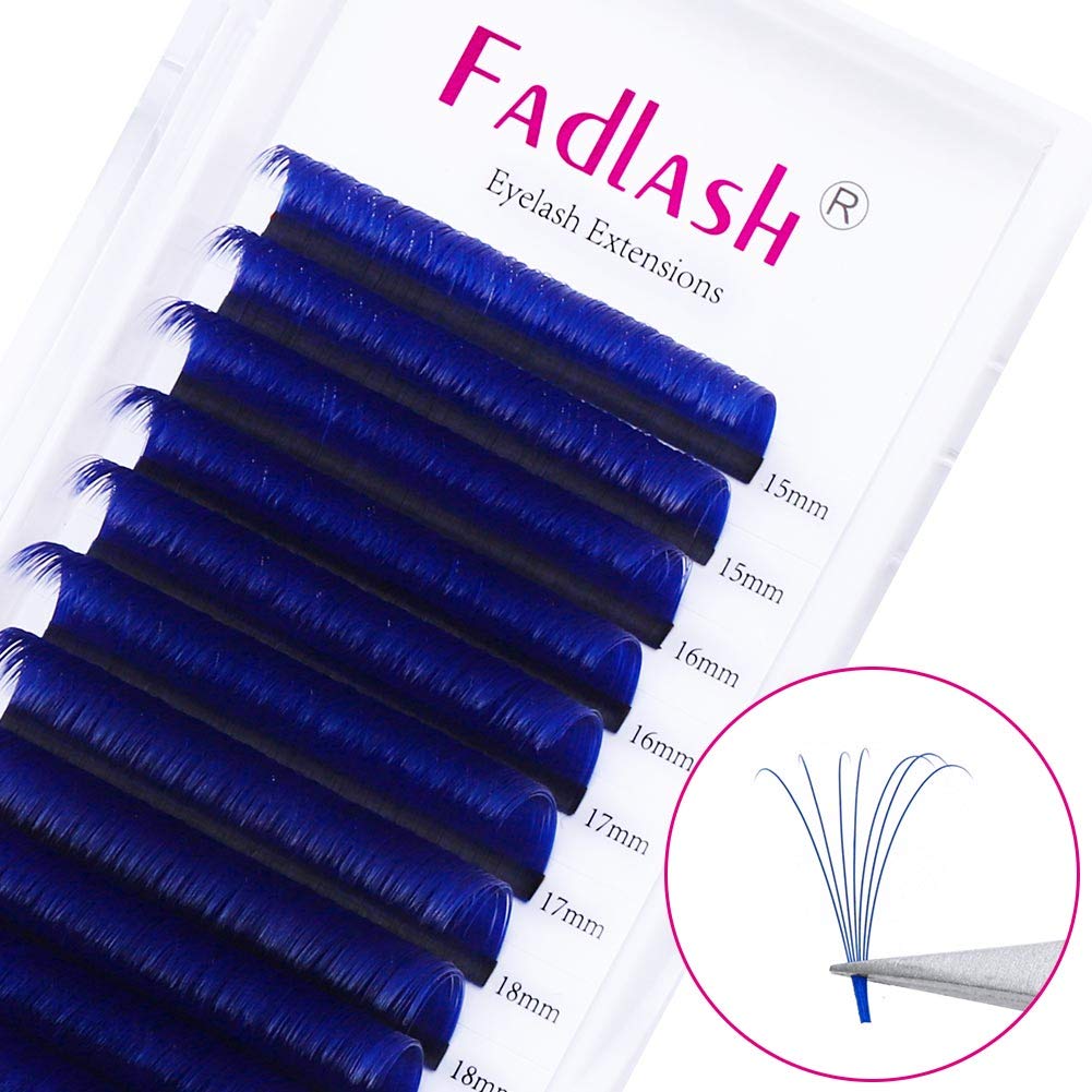Volume Lash Extensions D Curl 15-20mm Mixed Tray Easy Fan Lashes 0.07mmm Blue Color Mink Self Fanning Eyelash Extensions by FADLASH (Blue 0.07-D, 15~20mm Mix)-FemmiqueWomen