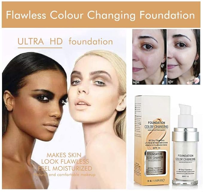 30ML Flawless Colour Changing Warm Skin Tone Foundation,Naturally Blends Moisturizing foundation makeup,Long Lasting Waterproof Poreless Liquid Foundation SPF 15 for Face Makeup-FemmiqueWomen