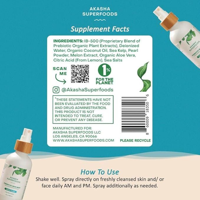 Akasha Prebiotic Skin Mist 3.4oz I Organic Facial Mist, Sea Kelp Extract, Face Spray for Naturally Restoring the Skins Microbiome, Dewy, Help Acne, Psoriasis & Sunburn*, Anti Aging Skin Care Products-FemmiqueWomen