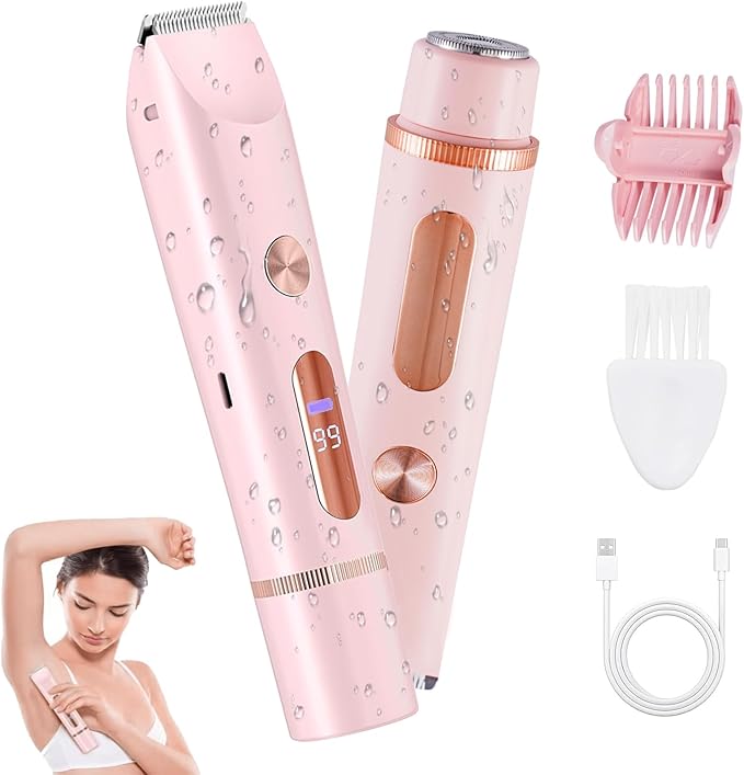 2 in 1 Bikini Trimmer for Women, Dual Head Electric Shaver with LED Display for Body Pubic Hair, IPX7 Waterproof Rechargeable Womens Electric Razor for Armpit Leg Body Facial-FemmiqueWomen
