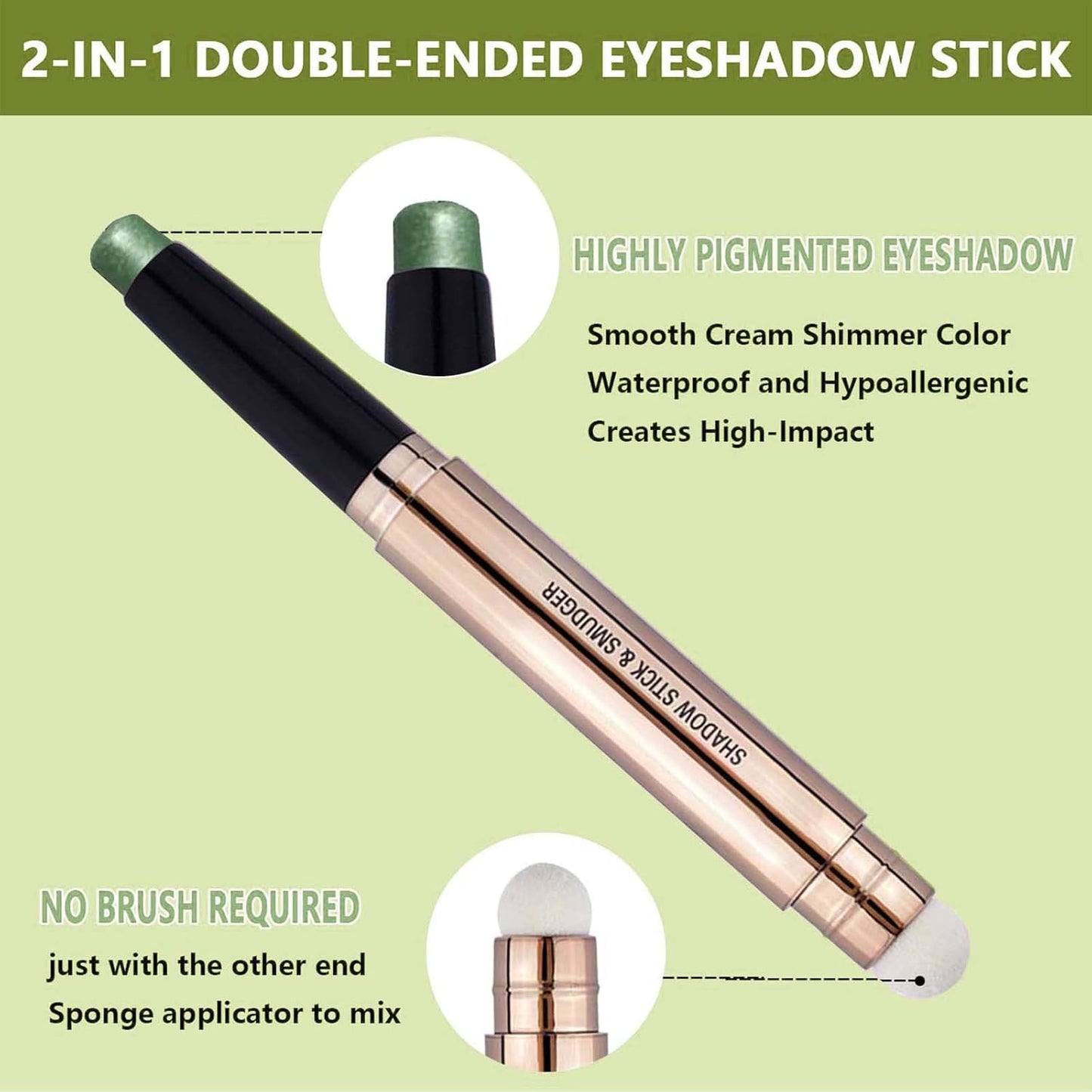 2 in 1 green Eyeshadow stick and Sponge Makeup Brush, Smooth Cream Shimmer Shadow Pencil Long Lasting Waterproof Eye Shadow Highlighter Stick Makeup , Hypoallergenic Eyeshadow, Highlighter Eye Liner-FemmiqueWomen