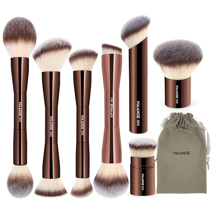 MAANGE 7pcs Makeup Brush Set Double Sided Kabuki Makeup Brushes Contour Brush for Foundation Liquid Powder Concealer Cream Cosmetics Bronzer Blending Blush Buffing Makeup Tools (Coffee)-FemmiqueWomen