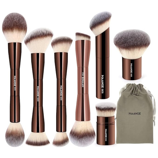 MAANGE 7pcs Makeup Brush Set Double Sided Kabuki Makeup Brushes Contour Brush for Foundation Liquid Powder Concealer Cream Cosmetics Bronzer Blending Blush Buffing Makeup Tools (Coffee)-FemmiqueWomen