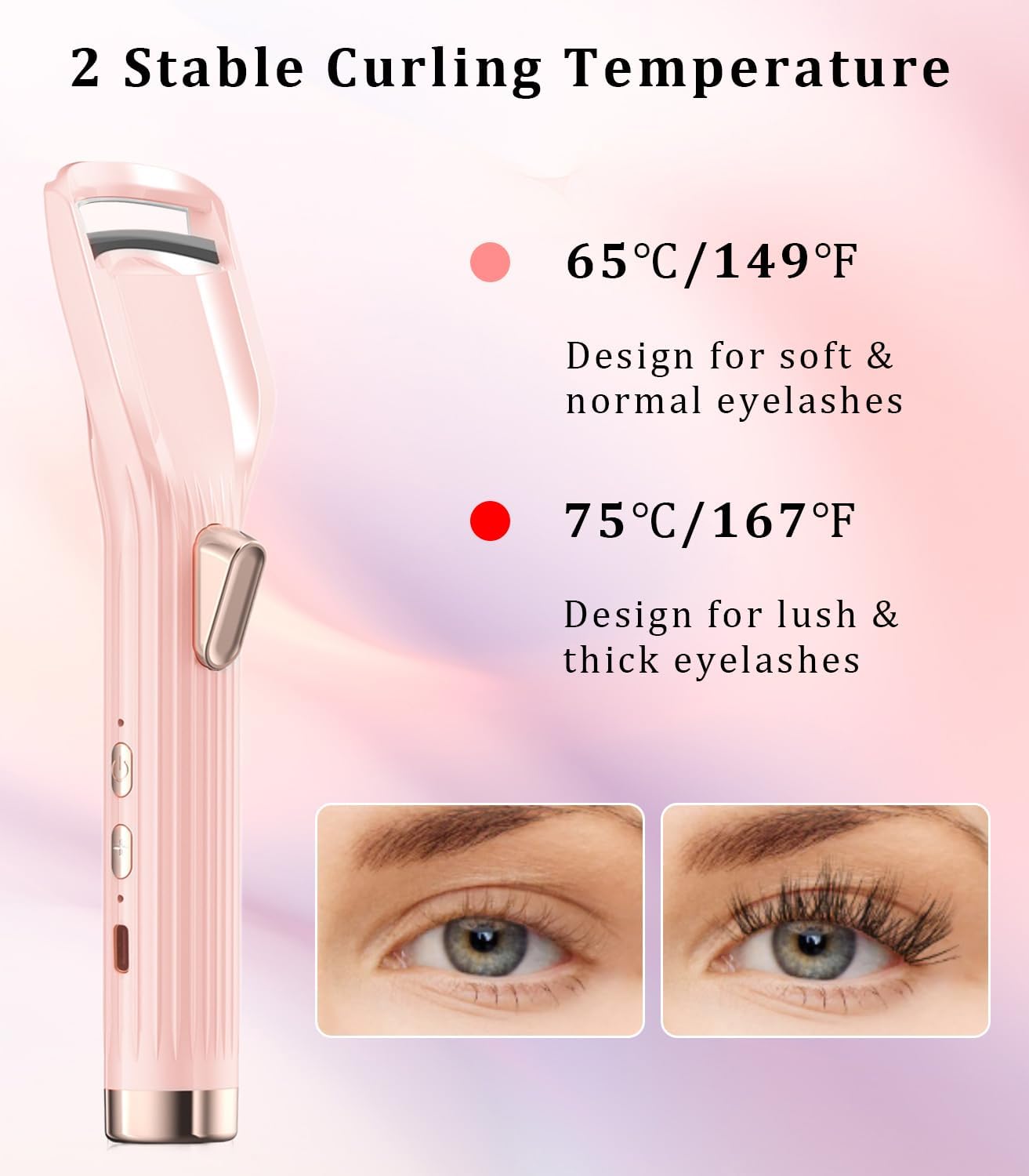 Heated Eyelash Curler Premium PRO - Fast Heat up in 8s - 24 Hours Long Lasting - Rechargeable Electric Eyelash Curler with Type-C, Innovative L Silicone, 2 Heat Modes, Anti-Burn Eyelid, Pink-DB-FemmiqueWomen