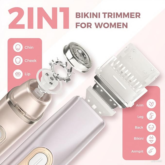 2 in 1 Bikini Trimmer for Women, Dual Head Electric Razor, IPX7 Waterproof Wet/Dry Use Women Electric Shaver, Painless Body Facial Hair Remover for Bikini Legs Arm Underarm, (Purple)-FemmiqueWomen
