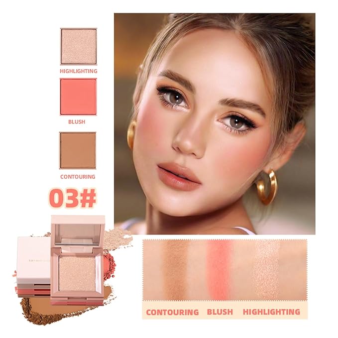 3 in 1 Contour Highlighter Blush Makeup Palette Kit, Matte Shimmer 3 Colors Highlighting Bronzing Blusher Eyeshadow Pallet, Long Lasting Full Face Eyes Contouring Shaping Makeup Set with Mirror-FemmiqueWomen