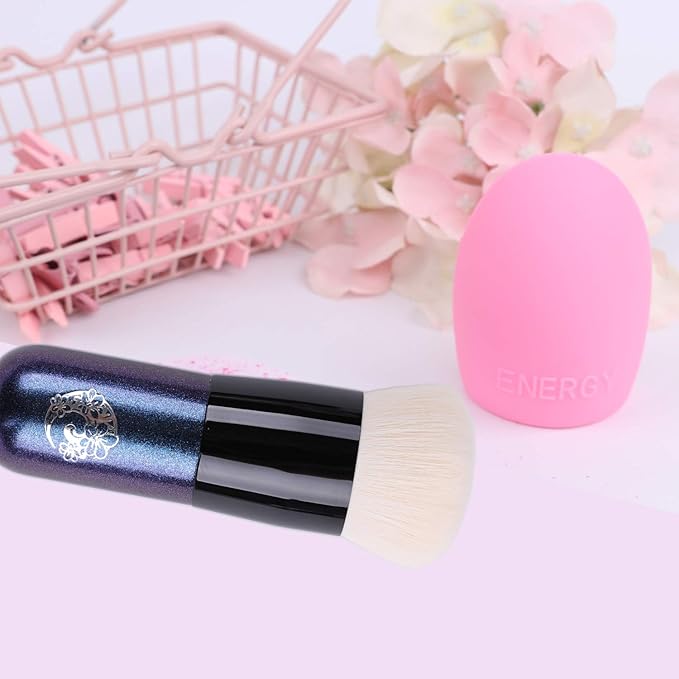 ENERGY Foundation Makeup Brush With Brush Clean Flat Top Kabuki for Face - Perfect For Blending Liquid, Cream or Flawless Powder Cosmetics - Buffing, Stippling, Concealer - Premium Quality Synthetic Dense Bristles-FemmiqueWomen