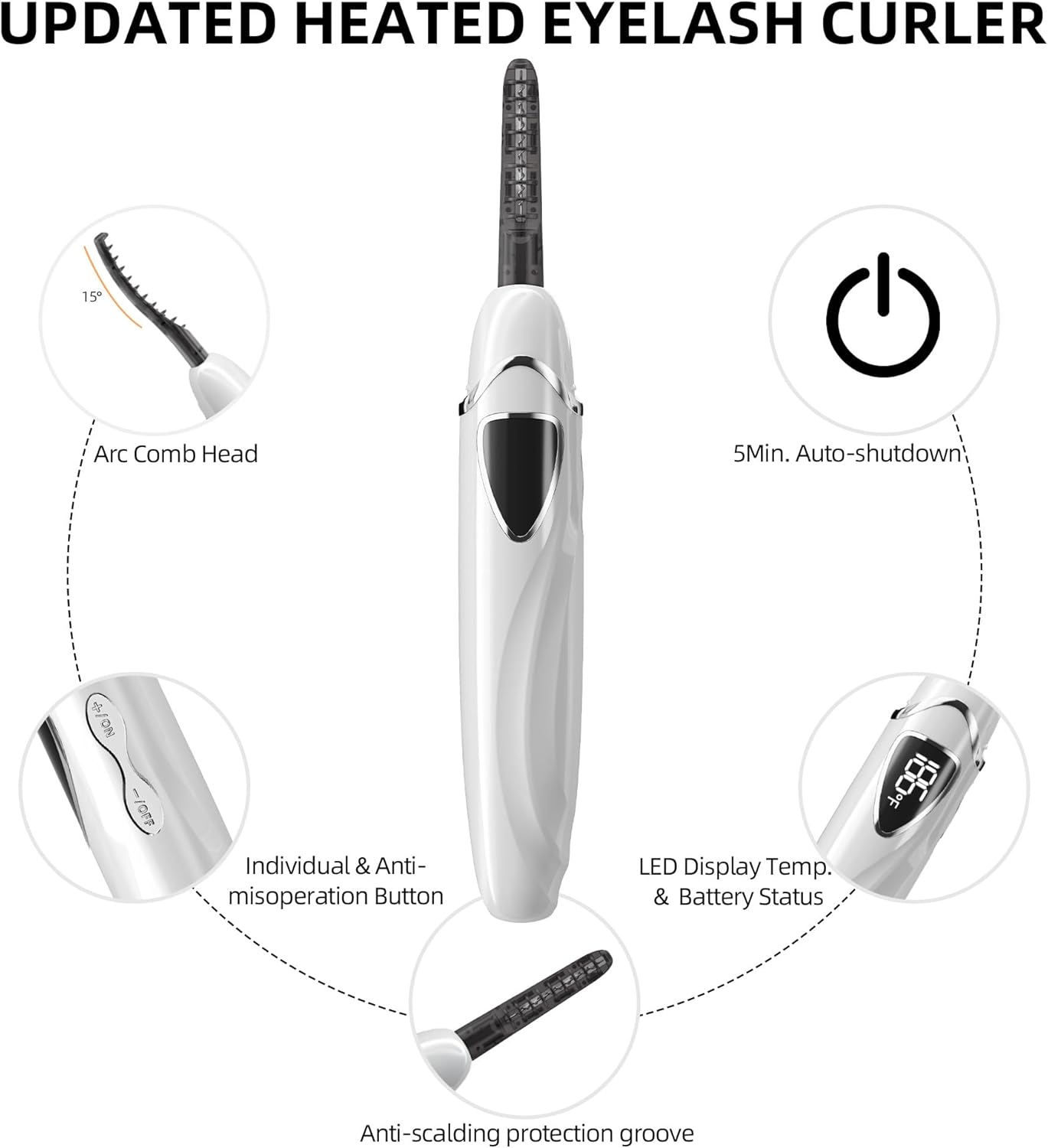 ZAPAL Heated Eyeash Curler, S600 Rechargeable Heated lash Curler, Intelligent Power Off Electric Eyelash Curler Heated Quickly 24 Hs Lasting Natural Makeup for Woman (Snow White/Silver, S600-148MM)-FemmiqueWomen