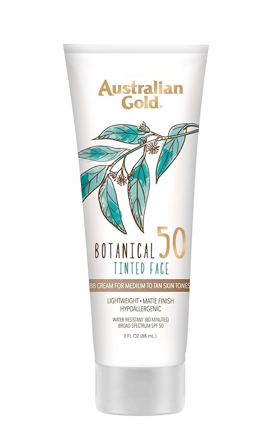 Australian Gold Botanical SPF 50 Tinted Mineral Sunscreen for Face, Non-Chemical BB Cream, Water-Resistant, Matte Finish, For Sensitive Facial Skin, Medium to Tan Skin Tones, 3 FL Oz-FemmiqueWomen